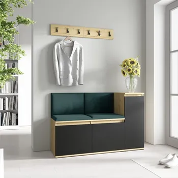 Předsíňová stěna Eka Předsíňová stěna s čalouněnými panely Trinity 25 - Dub Artisan s černou / Tmavá zelená 2328