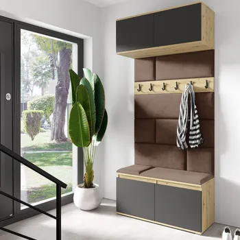 Předsíňová stěna Eka Předsíňová stěna s čalouněnými panely Trinity 23 - Dub Artisan s černou / Hnědá 2307