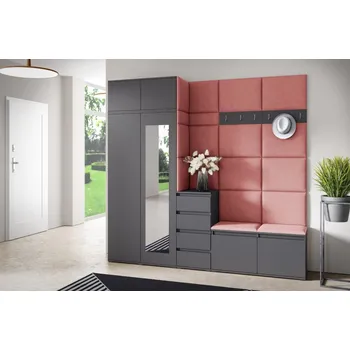 Předsíňová stěna Eka Předsíňová stěna s čalouněnými panely Trinity 33 - Grafit / Tmavá růžová 2323