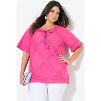 Dámská halenka Ulla Popken, Plus size Halenka, stuha z háčkované krajky, kulatý výstřih, krátké rukávy pro plnoštíhlé nadměrná velikost, 837560800-1131, růžový, 54/56, Nadměrné velikosti, Plus size oblečení, Oblečení pro boubelky, Oblečení pro baculky, Oblečení pro plno