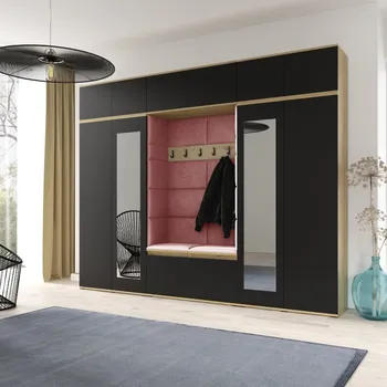 Předsíňová stěna Eka Předsíňová stěna s čalouněnými panely Trinity 17 - Dub Artisan s černou / Tmavá růžová 2323