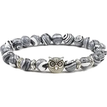 Náramek Stylový náramek z minerálů | korálkový náramek, pánský šperk - Malachitová šedá sova