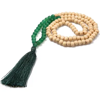 Náhrdelník Boho náhrdelník z dřevěných a přírodních kamenů | dřevěný náhrdelník, ručně vyráběný náhrdelník - Zelený avanturín , 86 cm