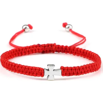 Náramek Pletený náramek s křížem | módní šperk, ručně vyráběný náramek - Červený