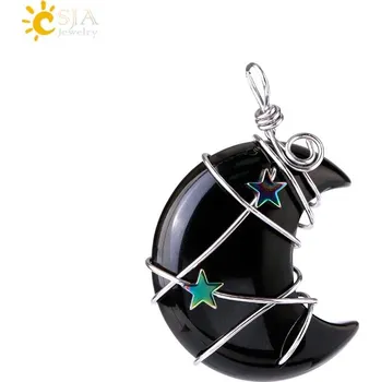 Přívěsek Minerální přívěsek měsíc a hvězda | dámský náhrdelník, přívěsek z přírodního kamene - Černý obsidián