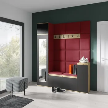 Předsíňová stěna Eka Předsíňová stěna s čalouněnými panely Trinity 29 - Dub Artisan s černou / Rubínová 2324