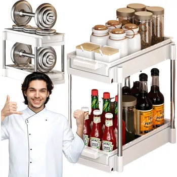 Úložný box Výsuvný organizér do skříňky, 2patrový organizér na koření do koupelny