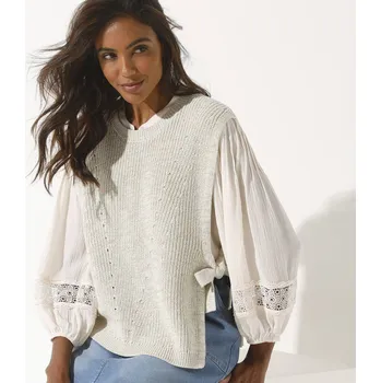 Dámská vesta Vesta z hladkého úpletu s vázačkami na bocích režný melír 46/48