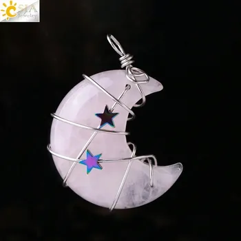 Přívěsek Minerální přívěsek měsíc a hvězda | dámský náhrdelník, přívěsek z přírodního kamene - Rose Quartz