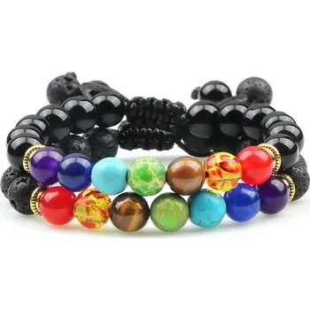 Náramek 2 ks Čakrový náramek s přírodními korálky | párové náramky, korálkové šperky - Černá světle láva