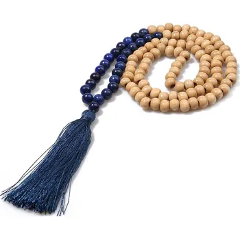 Náhrdelník Boho náhrdelník z dřevěných a přírodních kamenů | dřevěný náhrdelník, ručně vyráběný náhrdelník - Lapis lazuli , 86 cm