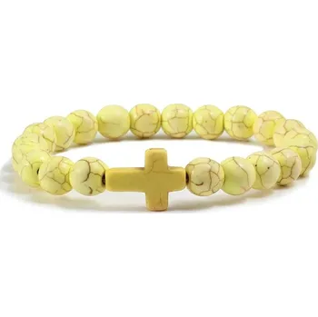 Náramek Kamenný náramek s křížkem | korálkový šperk, yoga náramek - Žluť