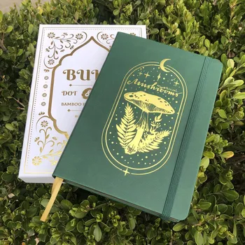 Zápisník Poznámkový blok tečkovaný A5 s bambusovým papírem | tečkovaný zápisník, deník A5 s houbičkovým motivem - Zelený