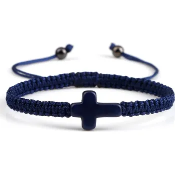 Náramek Pletený náramek z přírodního kamene s křížkem | módní šperk, ručně vyráběný náramek - Tmavě modrá
