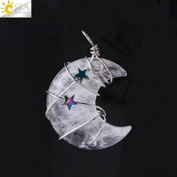 Přívěsek Minerální přívěsek měsíc a hvězda | dámský náhrdelník, přívěsek z přírodního kamene - Bílý krystal