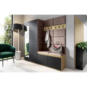 Předsíňová stěna Eka Předsíňová stěna s čalouněnými panely Trinity 8 - Dub Artisan s černou / Světlá hnědá 2306