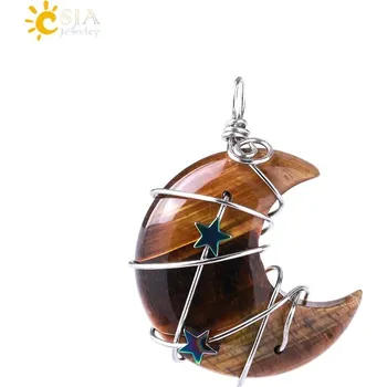 Přívěsek Minerální přívěsek měsíc a hvězda | dámský náhrdelník, přívěsek z přírodního kamene - tygří oko