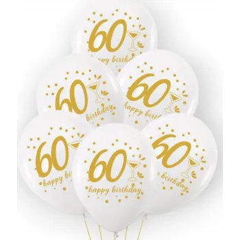 Balónek Balónky k 60. NAROZENINÁM, bílý zlatý potisk 30 cm, 6 Ks