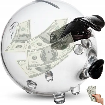 Pokladnička Skleněné Prasátko Pokladnička – Bezbarvé s Černýma Ušima, Ručně Vyrobené MALÉ