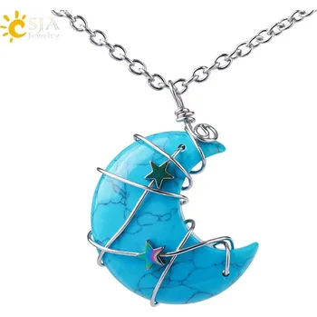 Přívěsek Minerální přívěsek měsíc a hvězda | dámský náhrdelník, přívěsek z přírodního kamene - Modrý tyrkysový řetízek