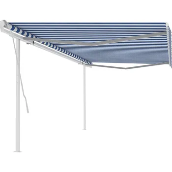 Stínicí technika vidaXL Ručně zatahovací markýza se sloupky 5 x 3 m modrobílá
