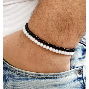 Náramek Minimalistický korálkový náramek z minerálních kamenů | pánský náramek, korálkový doplněk - A-18