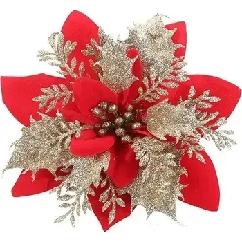 Vánoční dekorace Vánoční květiny se třpytkami 14 cm | vánoční dekorace, umělé květy - RDGD , 5ks