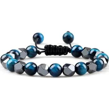 Náramek Unisex náramek s korálky z hematitu | dámský korálkový náramek, náramek z hematitu - 8mm modré tygří oko