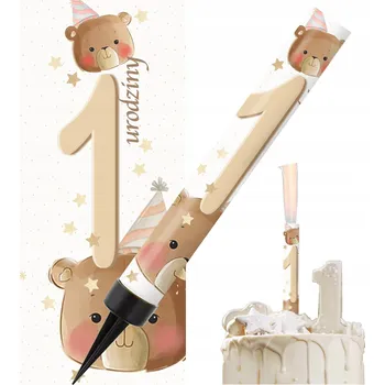 Dortová svíčka FONTÁNA s medvídkem TORTOVÁ 1. NAROZENINY ROČEK MEDVÍDEK na dort svíčka MEDVÍDEK 12 cm