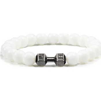 Náramek Elegantní bílý korálkový náramek z přírodních kamenů | dámský náramek, náramky pro muže s motivem činky - Styl 3