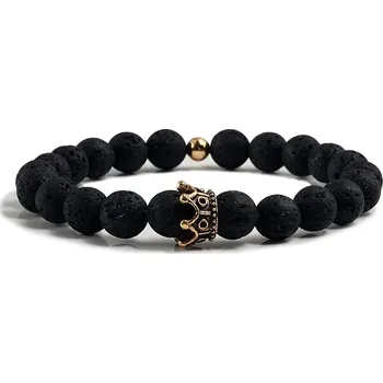 Náramek Náramek z minerálů pro páry | náramek dámský, pánský náramek s motivem korunky - Černá láva G