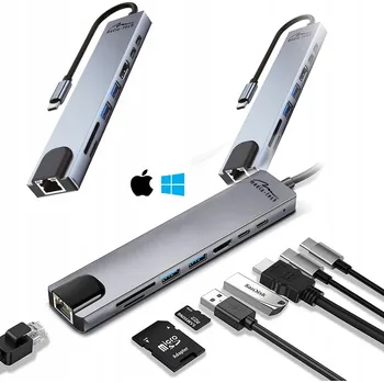 MULTIFUNKČNÍ DOKOVACÍ STANICE USB 8 V 1 GIGA LAN HUB USB-A USB-C RJ45 HDMI