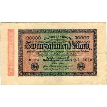 Sběratelství NĚMECKO. 20.000 Mark, 20.2.1923. Ro. 84e. VZ: hákové hvězdy. FZ: PG. Série O.