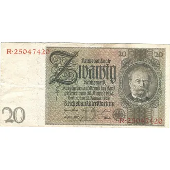 Sběratelství NĚMECKO. 20 Reichsmark. Ro. 174a. 22. 1.1929. Podtisk D, série R.