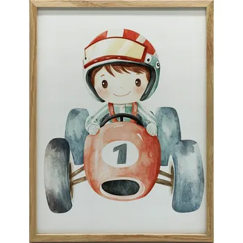 Obraz Plakát Chlapec v červeném závodním autě, 30x40 cm, tmavě hnědý dřevěný rám, celkový rozměr v rámu 32 x 42 cm