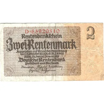 NĚMECKO. 2 Rentenmark. Ro. 167b. 30. 1.1937. Série D.