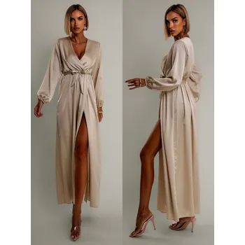 Dámské šaty Světle béžové elegantní šaty WOMAN s dlouhým rukávem