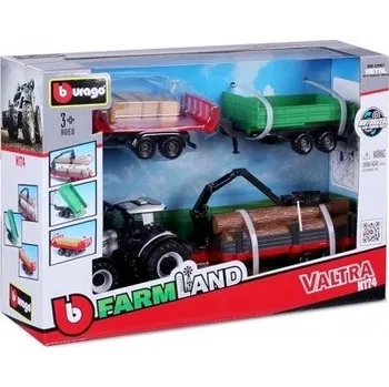 autíčko BBurago FARM LAND TRAKTOR VALTRA N174 w/ 3 PŘÍVĚS 31704