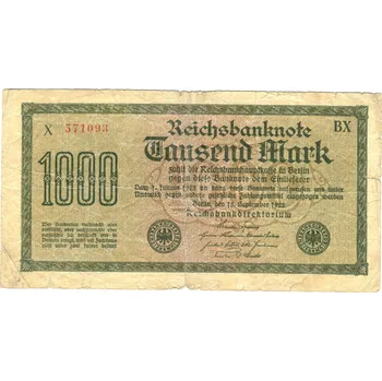 NĚMECKO. 1.000 Mark. Ro. 75d. 15. 9.1922. Firma BX, série X. VZ: Trny.