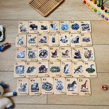 Dřevěná hračka Barevné abecední karty - zvířata