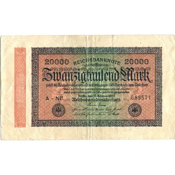 NĚMECKO. 20.000 Mark, 20.2.1923. Ro. 84e. VZ: hákové hvězdy. FZ: NF. Série A.