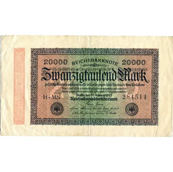NĚMECKO. 20.000 Mark, 20.2.1923. Ro. 84b. VZ: kruhy. FZ: MN. Série H.