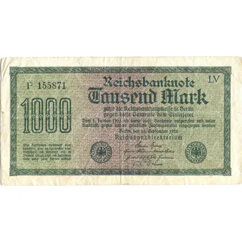 NĚMECKO. 1.000 Mark. Ro. 75b. 15. 9.1922. Firma LV, série V. Hákové hvězdy.