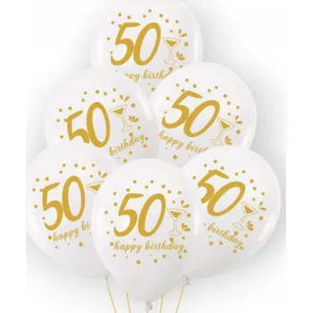 Balónek Balónky k 50. NAROZENINÁM, bílý zlatý potisk 30 cm, 6 Ks