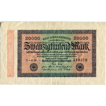 NĚMECKO. 20.000 Mark, 20.2.1923. Ro. 84e. VZ: hákové hvězdy. FZ: KM. Série S.