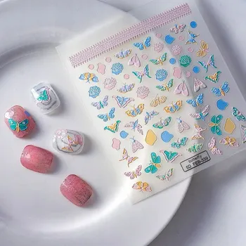 Umělé nehty Samolepky na nehty Samolepící konvexní vzory PASTELOVÉ MOTÝLKY