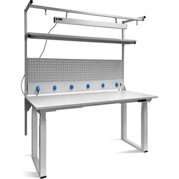 Dílenský stůl Pracovní stůl KLASIK ELEKTRIK, elektricky nastavitelná výška, s nástavbou, LED osvětlením, perfo a elektro panelem, 1200x900 mm