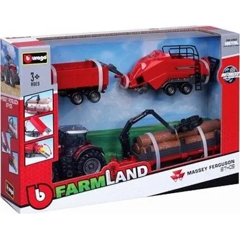 autíčko BBurago FARM LAND TRAKTOR MASSEY FERGUSON 87405 w/ 3 PŘÍVĚS 31703