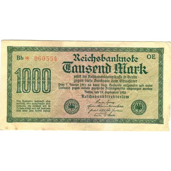 NĚMECKO. 1.000 Mark. Ro. 75d. 15. 9.1922. Firma OE, série Bb. VZ: Trny.