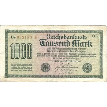 NĚMECKO. 1.000 Mark. Ro. 75i. 15. 9.1922. Firma OE, série De. VZ: meandry.